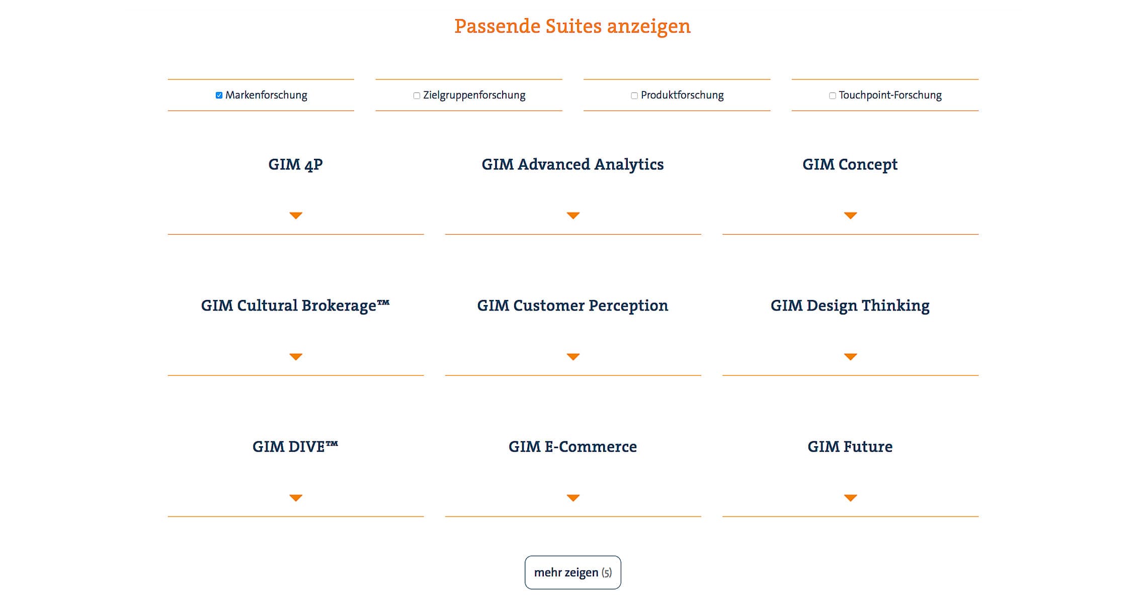 Screenshot der GIM-Website mit einer Übersicht verschiedener Marktforschungs-Suites und Filteroptionen